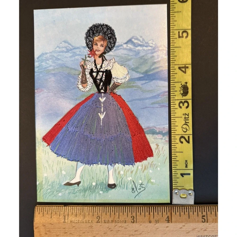 Vintage Embroidered Card‎ of Woman Wearing Swiss National Costume Blue Red